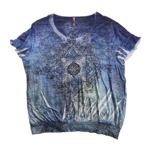 Y2K Fairy Grunge Sz XL Medallion Crystal Embellished Short Sleeve Shirt Blouse